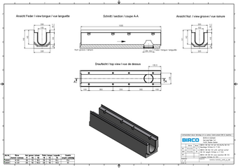 BIRCOsir® DN 100, caniveau 0/0, 1 m, avec manchon
