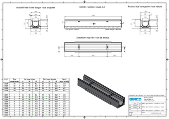 BIRCOlight® avec feuillures en acier DN 100 AS, caniveau 1 m