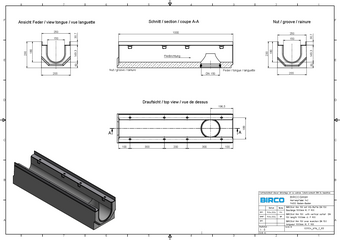 BIRCOsir® DN 150, caniveau 0/0, 1 m, avec manchon