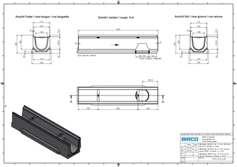 BIRCOlight® avec feuillures en acier DN 150 AS, caniveau 1 m, avec manchon