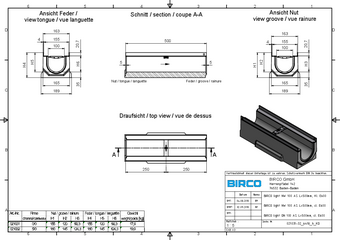 BIRCOlight® avec feuillures en acier DN 100 AS, caniveau 0,5 m