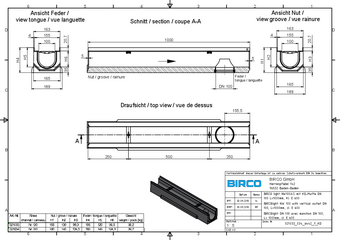 BIRCOlight® avec feuillures en acier DN 100 AS, caniveau 1 m, avec manchon